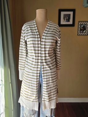 NINE WEST Olive Green & White Striped Duster Cardigan - Size S